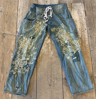 Magnolia Pearl Cotton Floral Embroidered Okeefe Denims with Fading Distressing Patching