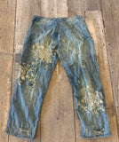 Magnolia Pearl Cotton Floral Embroidered Okeefe Denims with Fading Distressing Patching